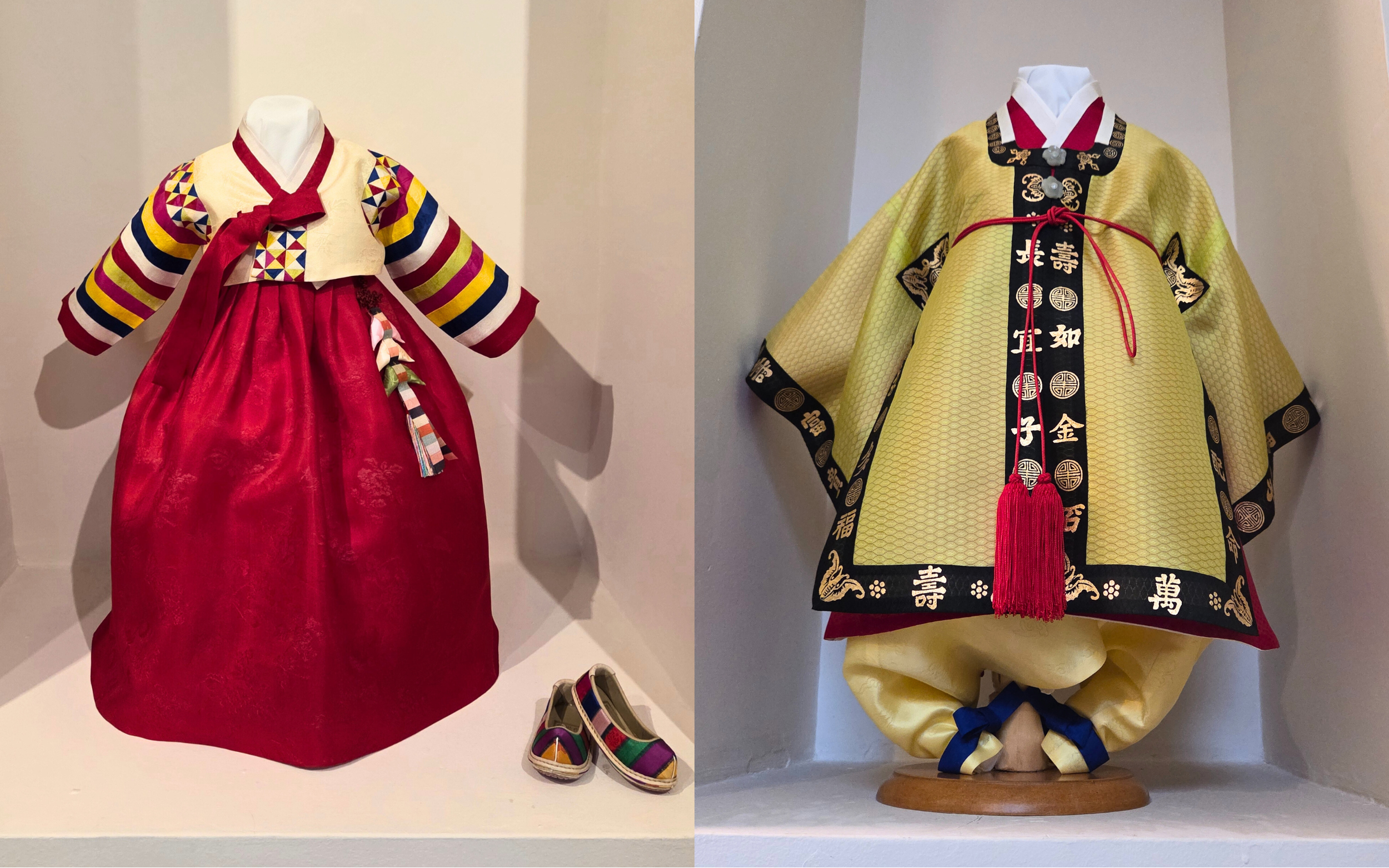 From left to right: Saekdong-jeogori and Chima (girl’s festive jacket and skirt), and Sagyusam and Chang-ui (boy’s ceremonial robes) (by Koreaculture.gr)